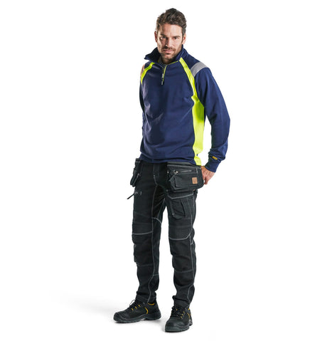 Sweatshirt with half zip Navy blue/Hi-vis yellow (8933)