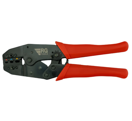 Crimping tool with red handles on a black background